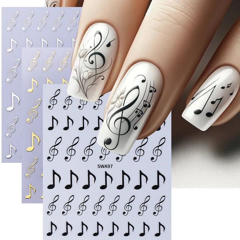 3-Pack Musical Notes Nail Stickers - Black Gold Silver 3D Holographic Decals for Nail Art