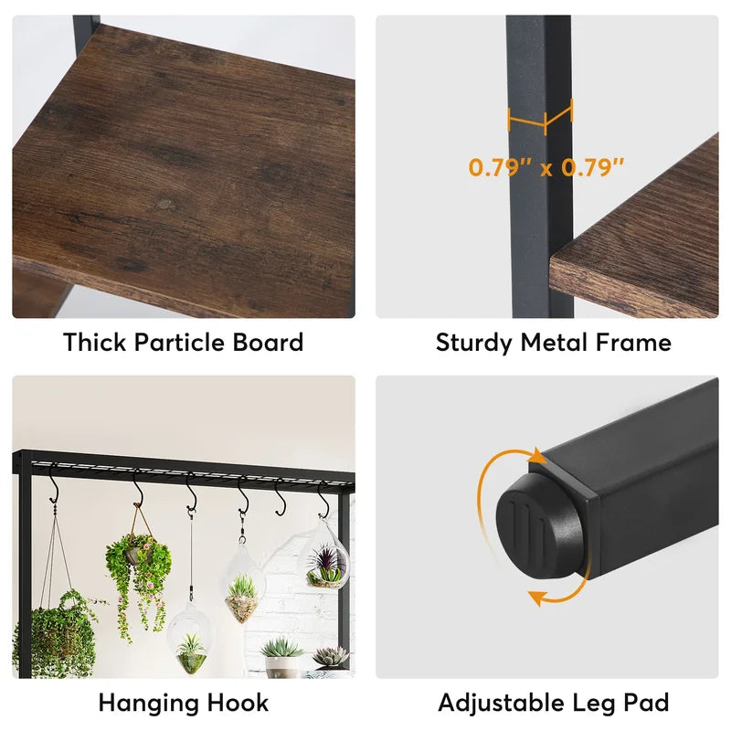Tall Indoor Plant Stand 5-Tier Metal Shelving Unit with Hanging Hooks - Large Garden Display Rack