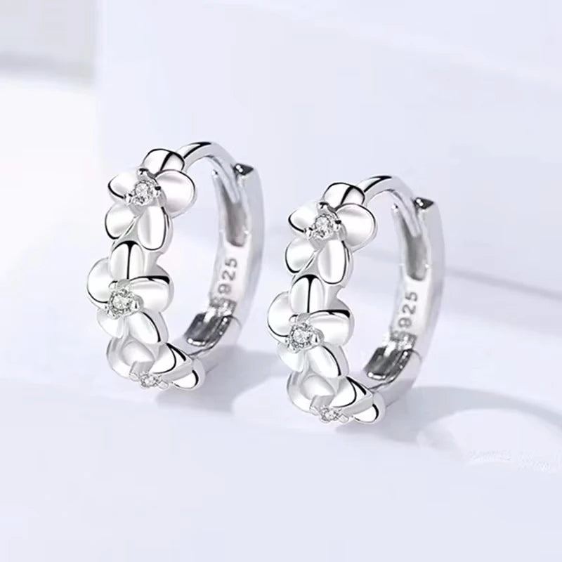Sterling Silver Rose Flower Hoop Earrings with AAA Zircon for Women