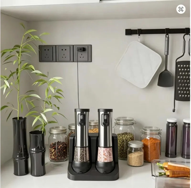 Electric Salt and Pepper Grinder Set with Adjustable Coarseness, LED Display, One-Handed Operation