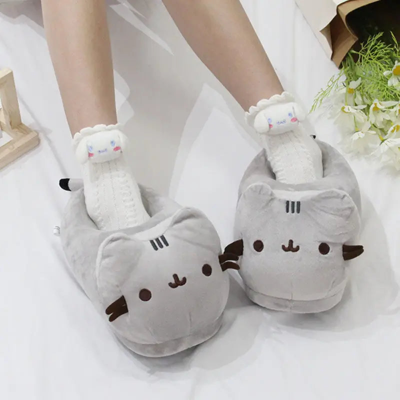 Gray Cat Slippers Cozy Indoor Footwear for Men Women - Fluffy Autumn Winter Gift