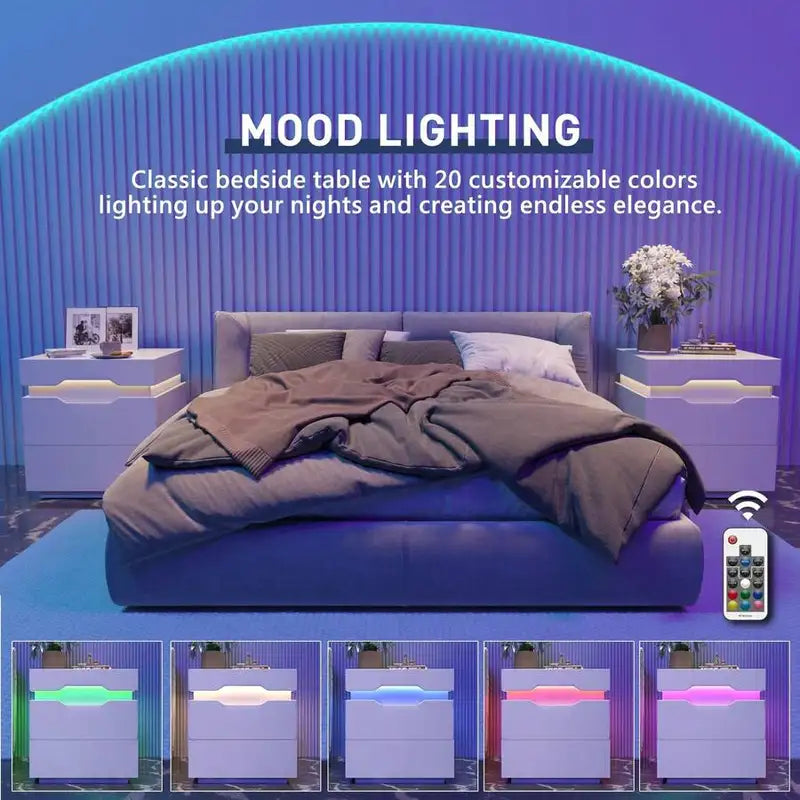 Nightstand With USB Charging Port & LED Lights - Bedside Table with Outlets