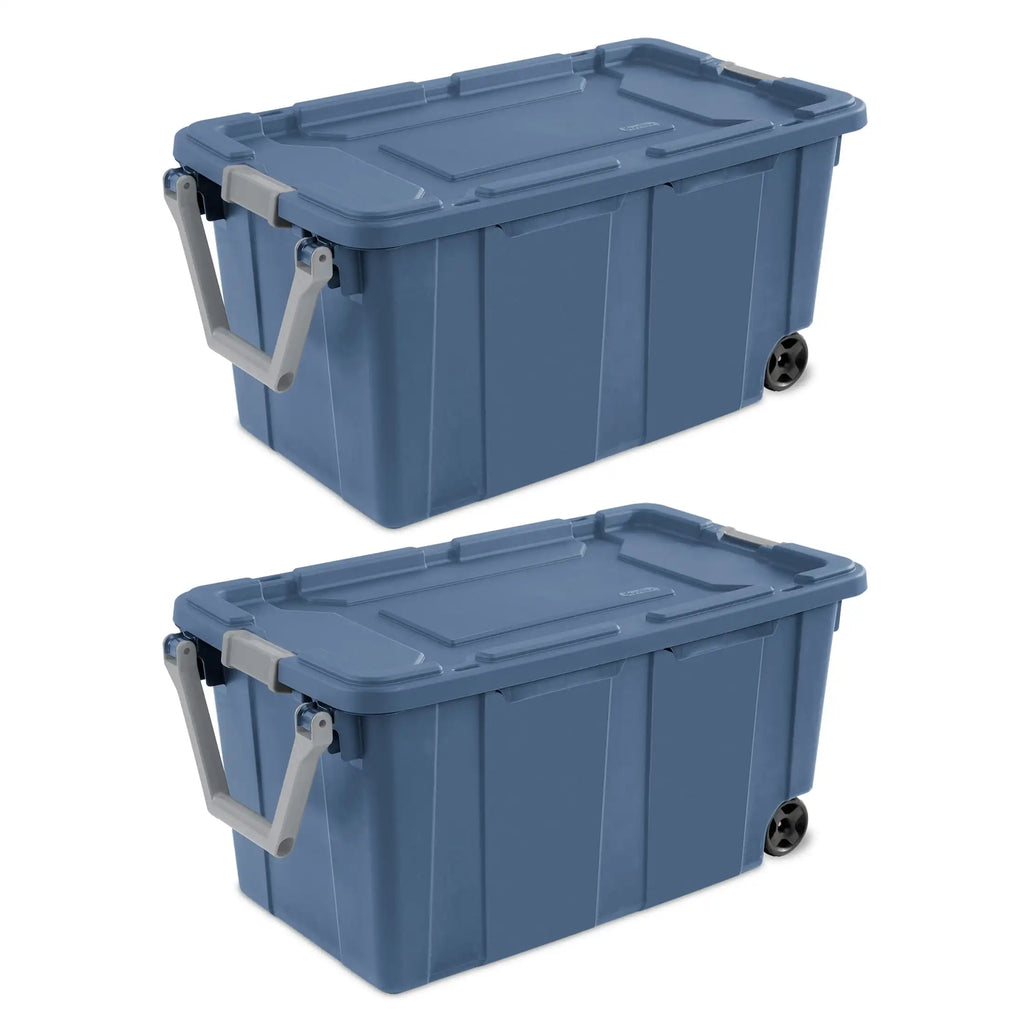40 Gallon Wheeled Plastic Storage Bin - Heavy Duty Industrial Tote with Handle, Pack of 2