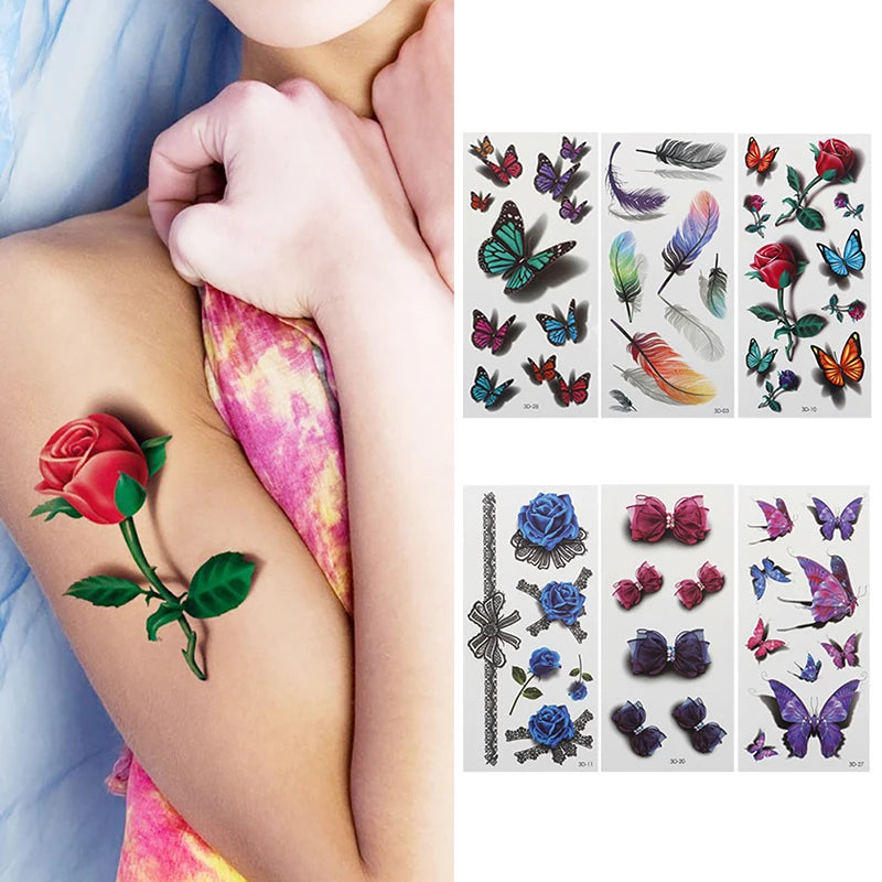 Temporary Tattoo Sticker Set for Women - Waterproof 3D Butterfly Rose Feather Body Art