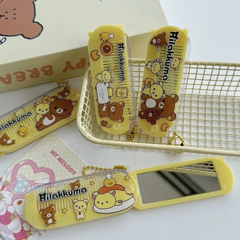 Cute Rilakkuma Folding Comb Mirror Set for Girls - Portable Hair Brush & Massage Tool