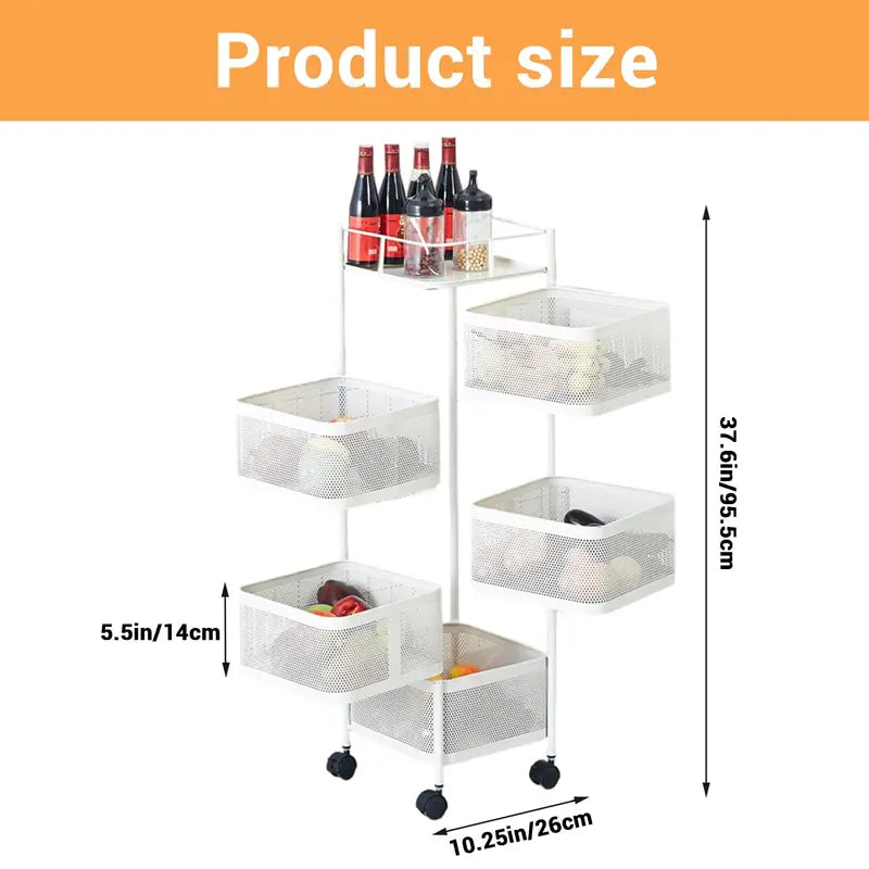 5-Tier Rotating Storage Cart with Mesh Baskets - Mobile Kitchen & Pantry Organizer