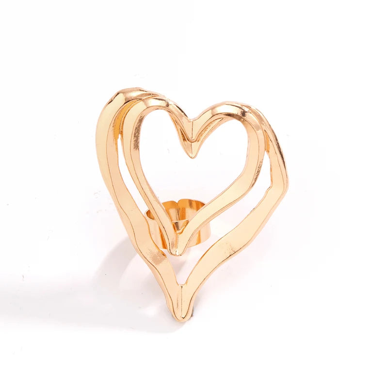 Geometric Double Layer Metal Heart Ring for Women Punk Party Jewelry