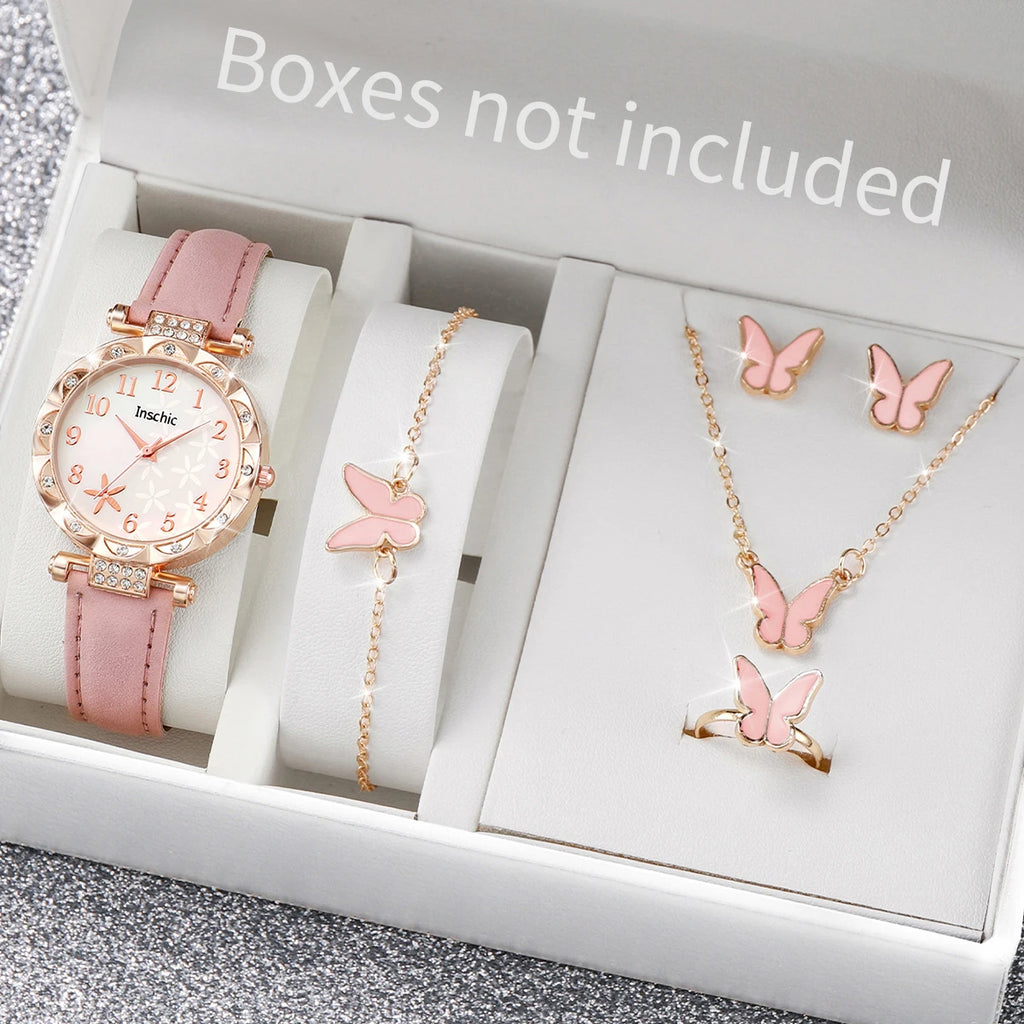 Fashion Women’s Quartz Watch Set with Leather Band and Rhinestones – Multiple Colors