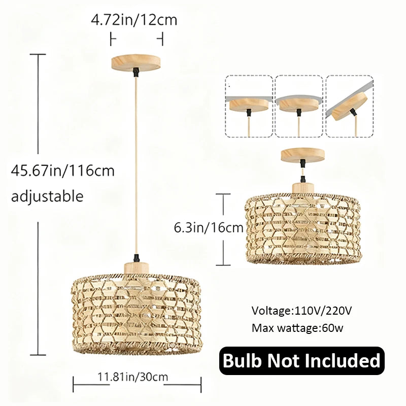Wicker Rattan Pendant Light Fixture for Kitchen & Living Room Home Decor
