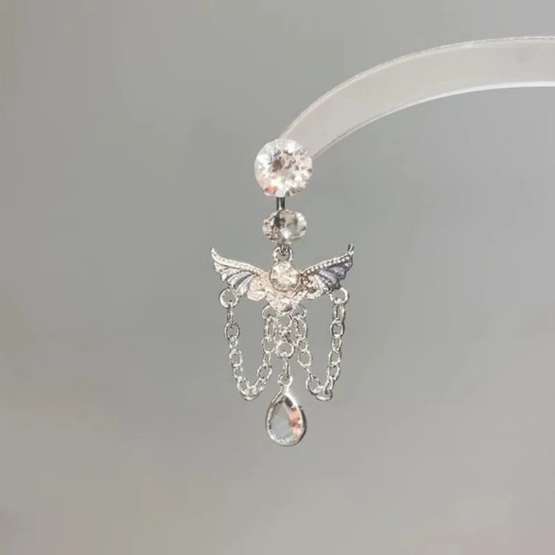 Angel Belly Button Ring with Butterfly Zircon Stainless Steel Navel Piercing for Women Body Jewelry