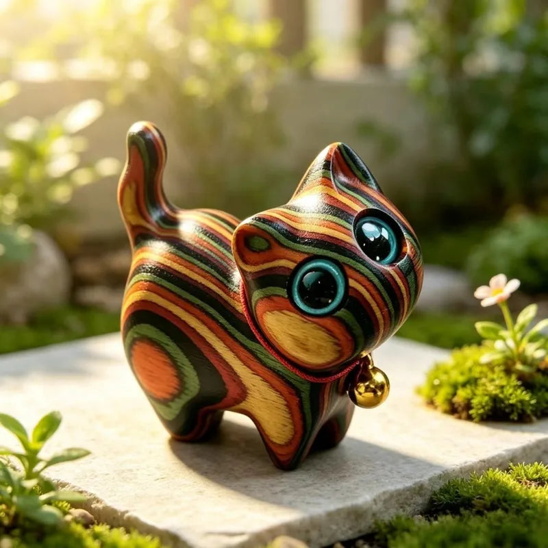 Painted Wooden Cat Sculpture - Small Kitten Home Decor Ornament