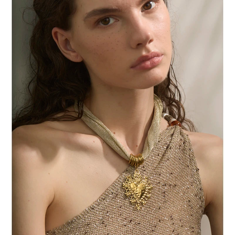 Heart Pendant Necklace for Women - Polyester Chain Jewelry Autumn Winter 2025