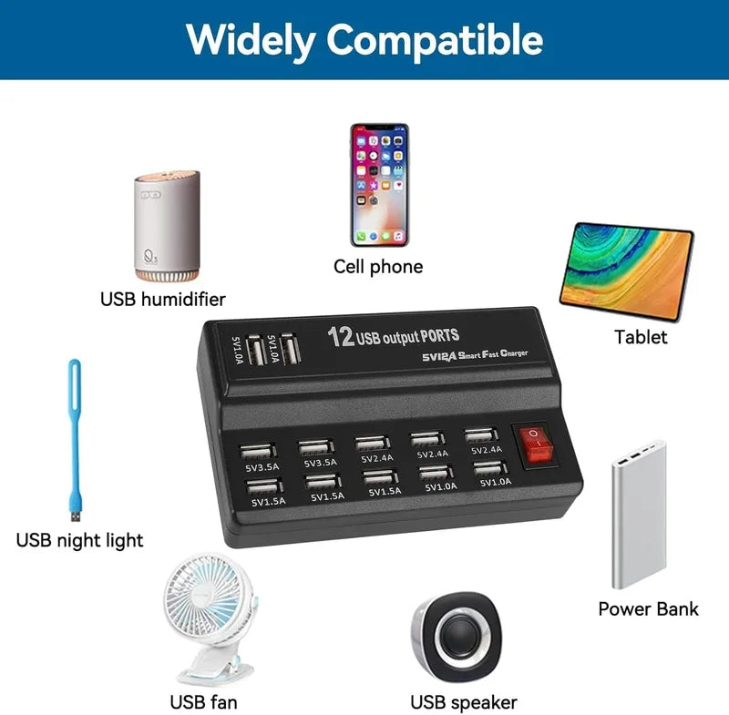 12-Port USB Charging Station Multi-Device Power Hub with EU Plug