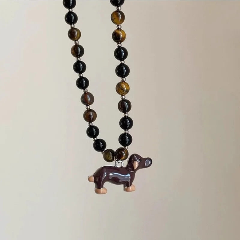 Natural Stone Tiger Eye Dog Pendant Necklace for Women Girls
