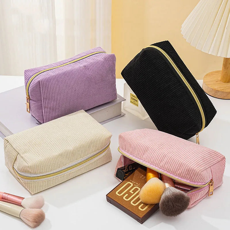Corduroy Cosmetic Bag for Travel and School - Spacious Makeup & Pencil Organizer