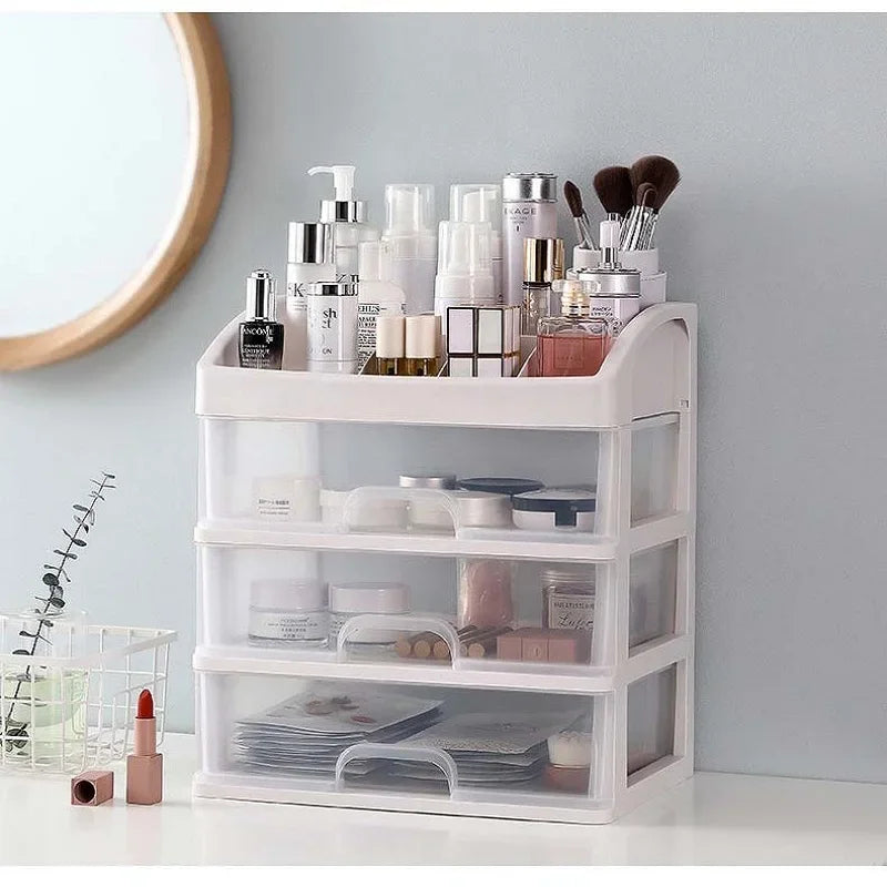 Multi-Compartment Makeup & Jewelry Organizer Box with Drawers - Plastic Storage Case