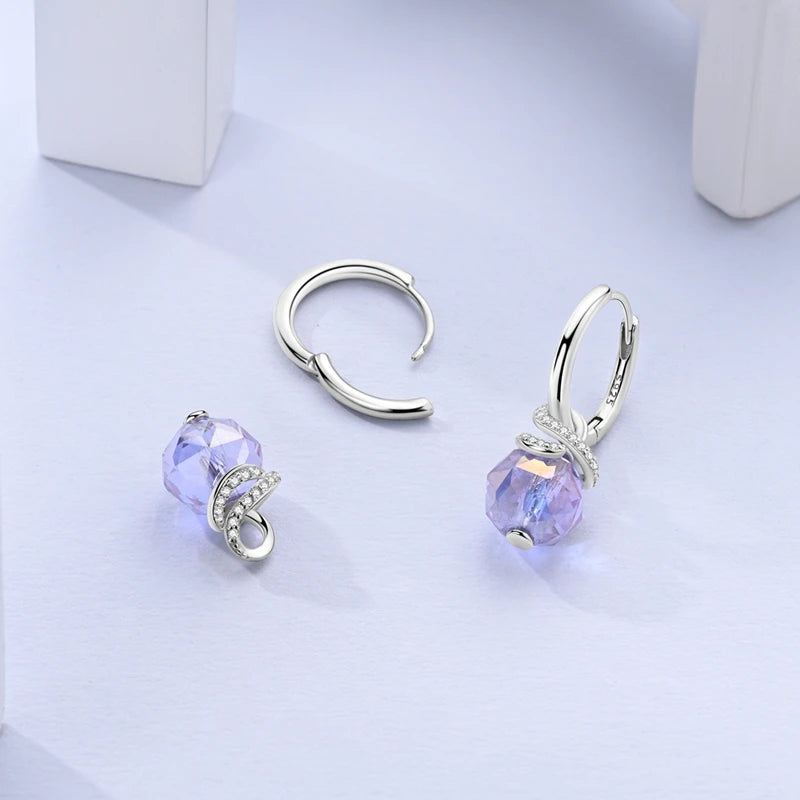 925 Silver Pastel Violet Sparkling Bowknot Hoop Earrings for Women Gift