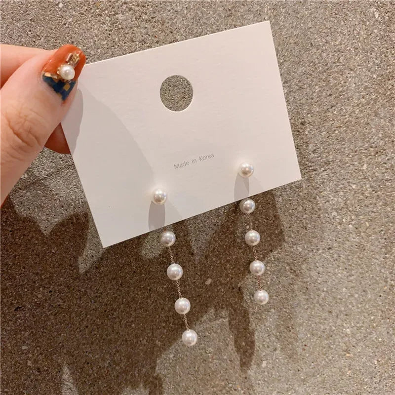 Long Pearl Earrings with Flower Rhinestones - Wedding & Fashion Jewelry