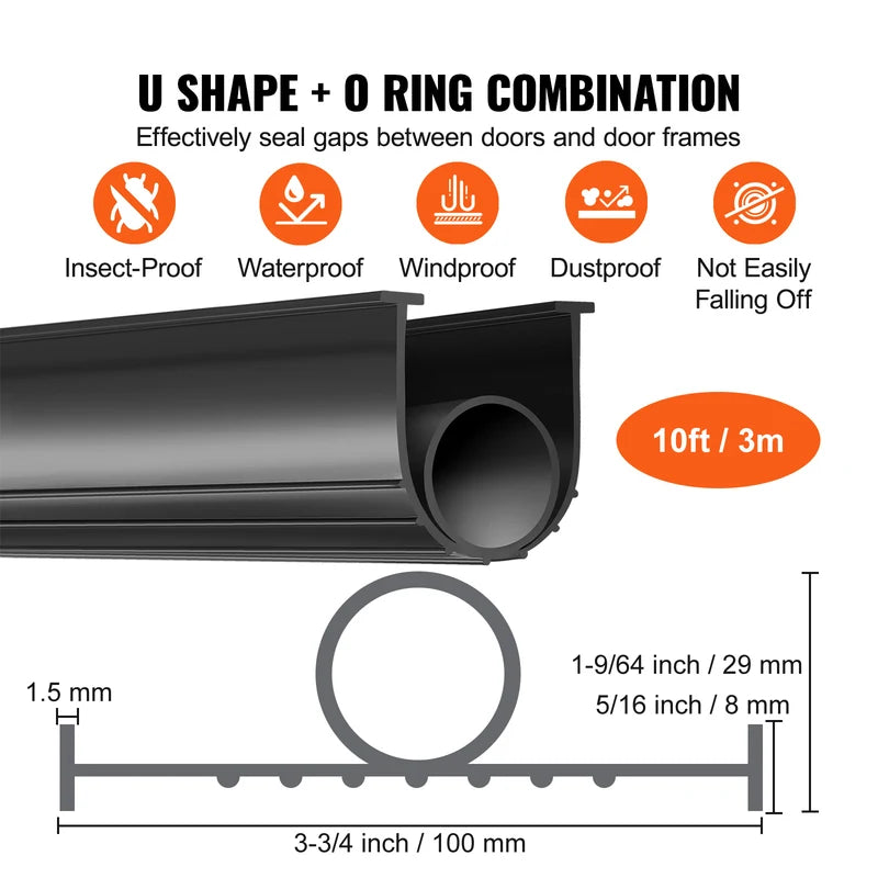Garage Door Seal Rubber Weatherproof U-Shape Seal with O-Ring - 3m to 6m Lengths