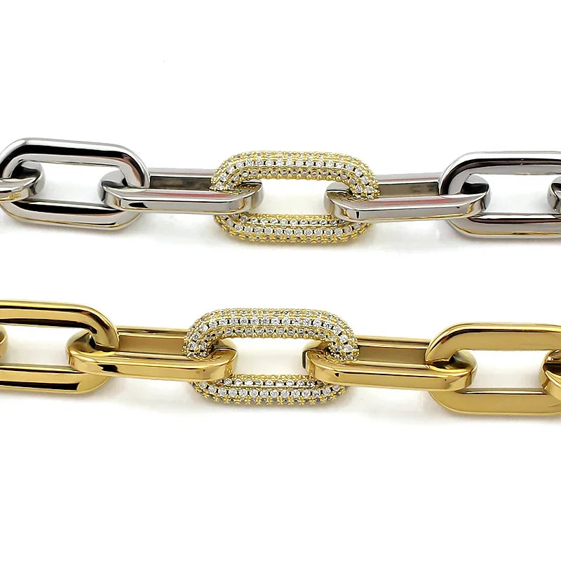 Fashion Women Chunky Chain Bracelets with Rhinestones - Stainless Steel Link Jewelry