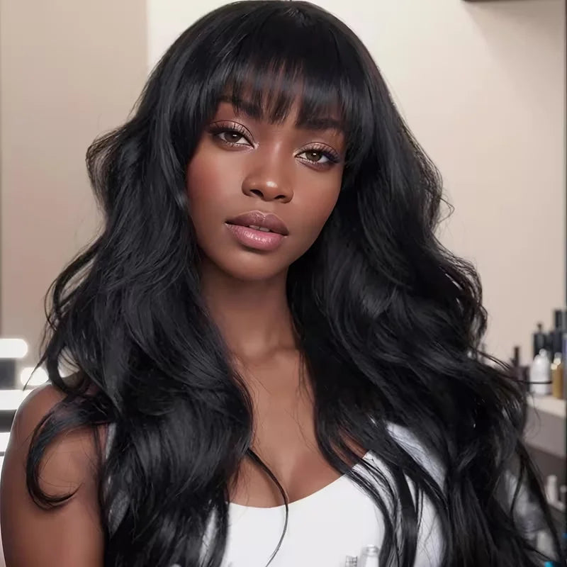 Body Wave Human Hair Wigs with Bangs - Full Machine Made Lace Wig, Brazilian Natural Color