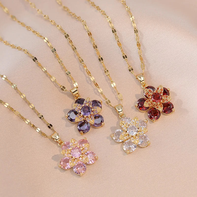 Romantic Zircon Flower Pendant Necklace for Women - Gold Plated Choker Jewelry