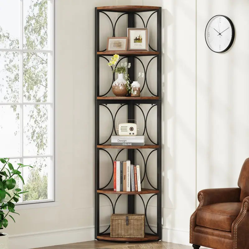 67 Inch Corner Shelf Unit with 6 Shelves - Rustic Standing Bookcase Storage Rack