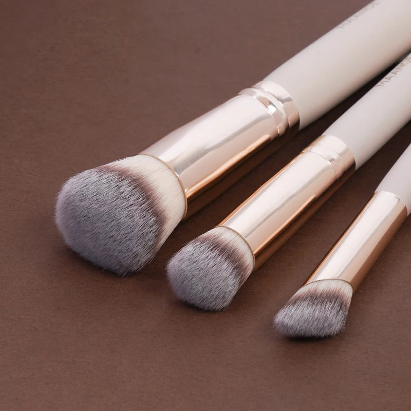 Makeup Brush Set & Powder Puff Kit - 3 Brushes + 2 Puffs, Various Handle Colors