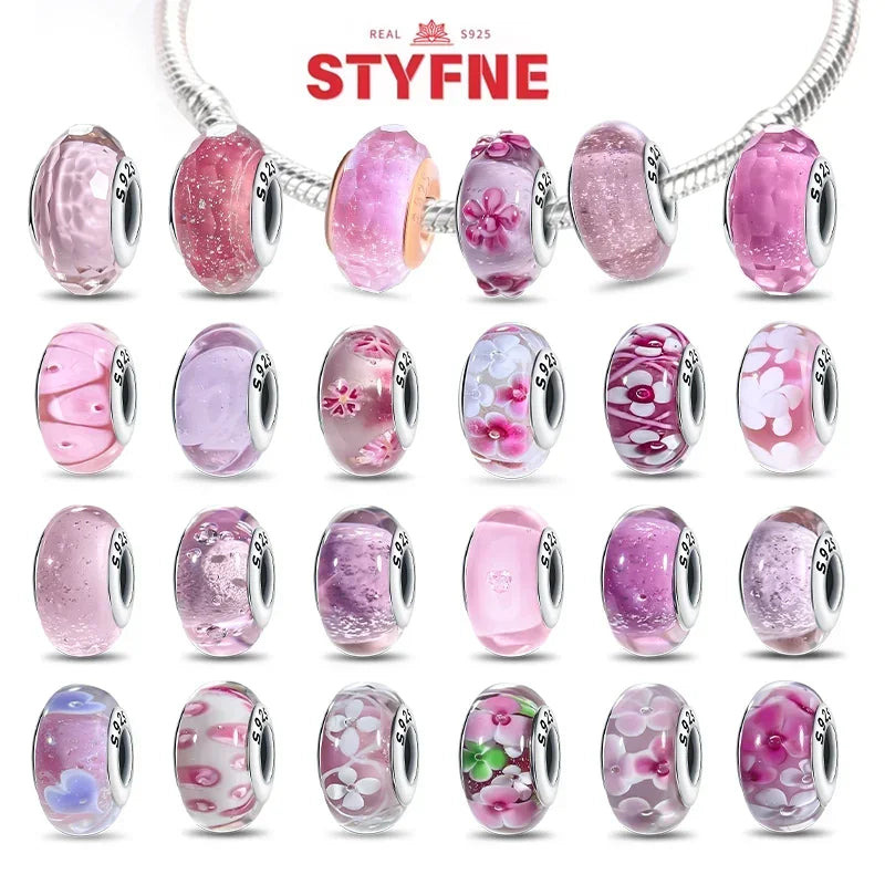925 Silver Beads Heart Flower Murano Glass DIY Jewelry Charms for Women