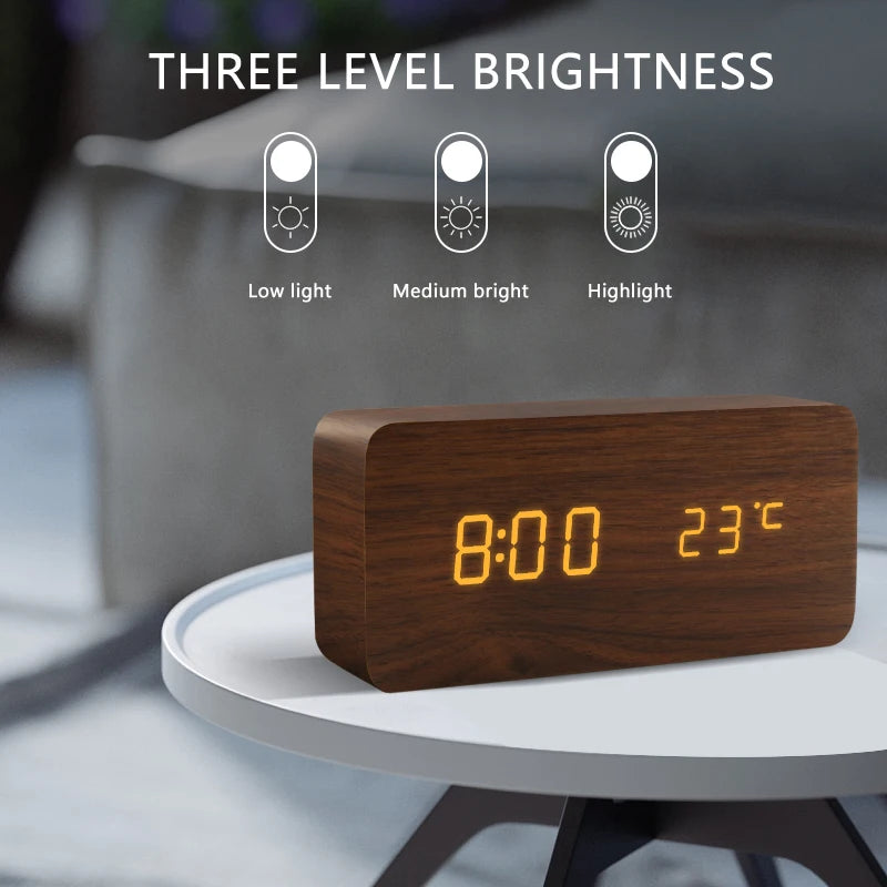 Wooden LED Alarm Clock with Voice Control and Digital Display - USB & Battery Powered
