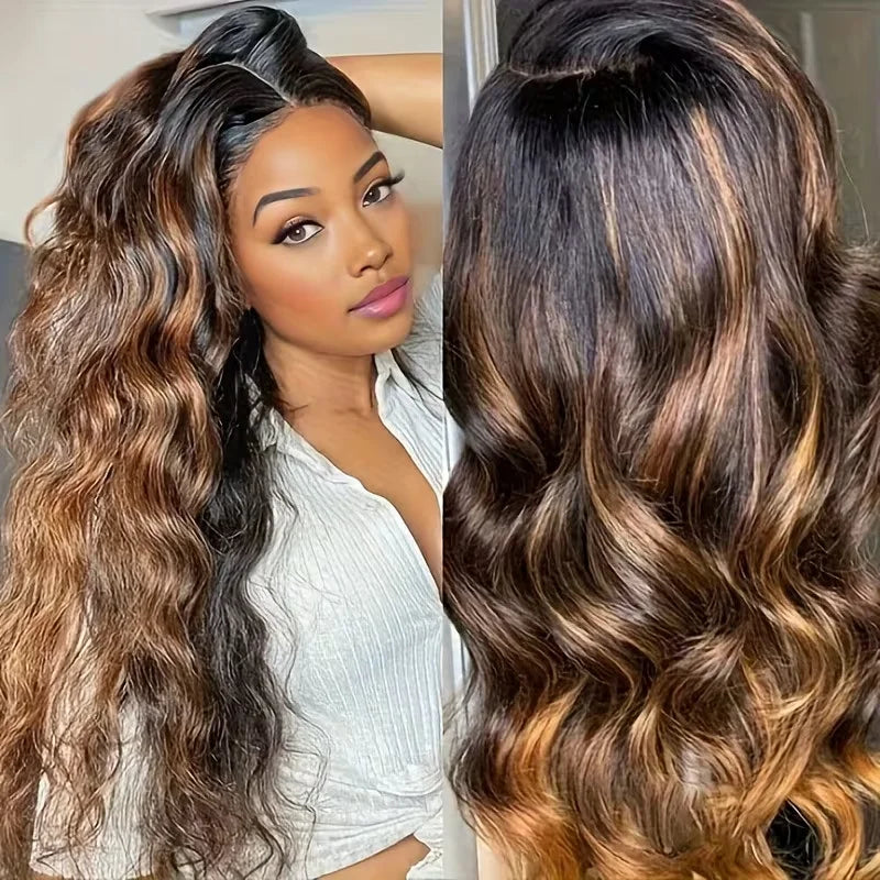 Human Hair Body Wave Wig with Highlights - No Sew In Clip-In Half Wigs 30 Inch