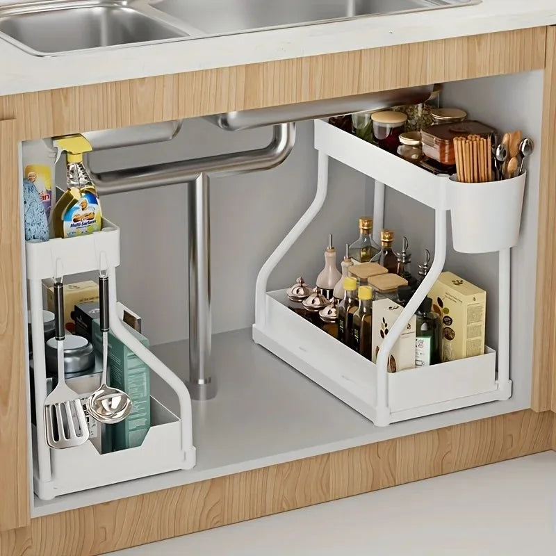 R-Shaped 2-Tier Pull Out Storage Box - Large Capacity Kitchen & Bathroom Organizer