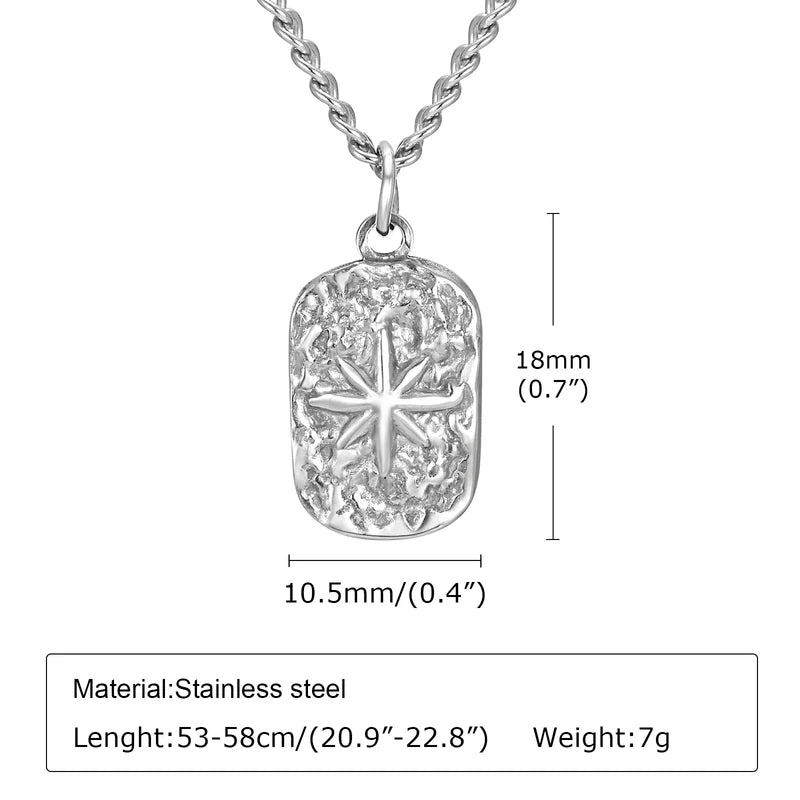 Men's Dog Tag Necklace with Star Pendant - Silver Hammered Stainless Steel