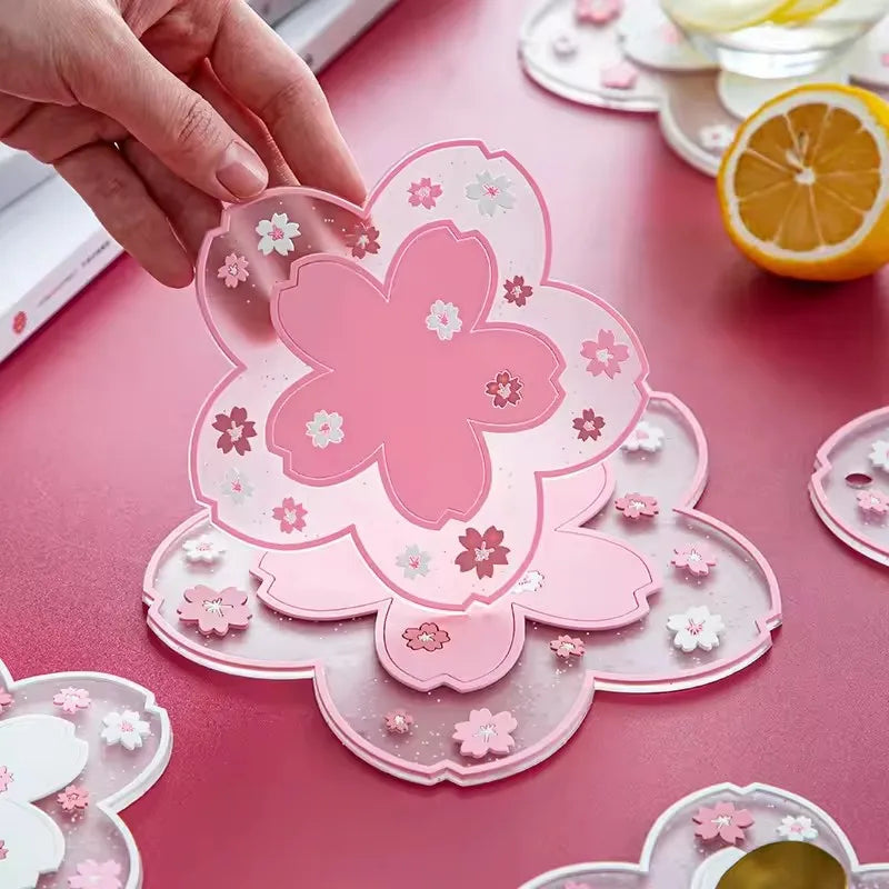 Cherry Blossom Silicone Coasters Set - Anti-Slip Kitchen Table Mat with Various Colors
