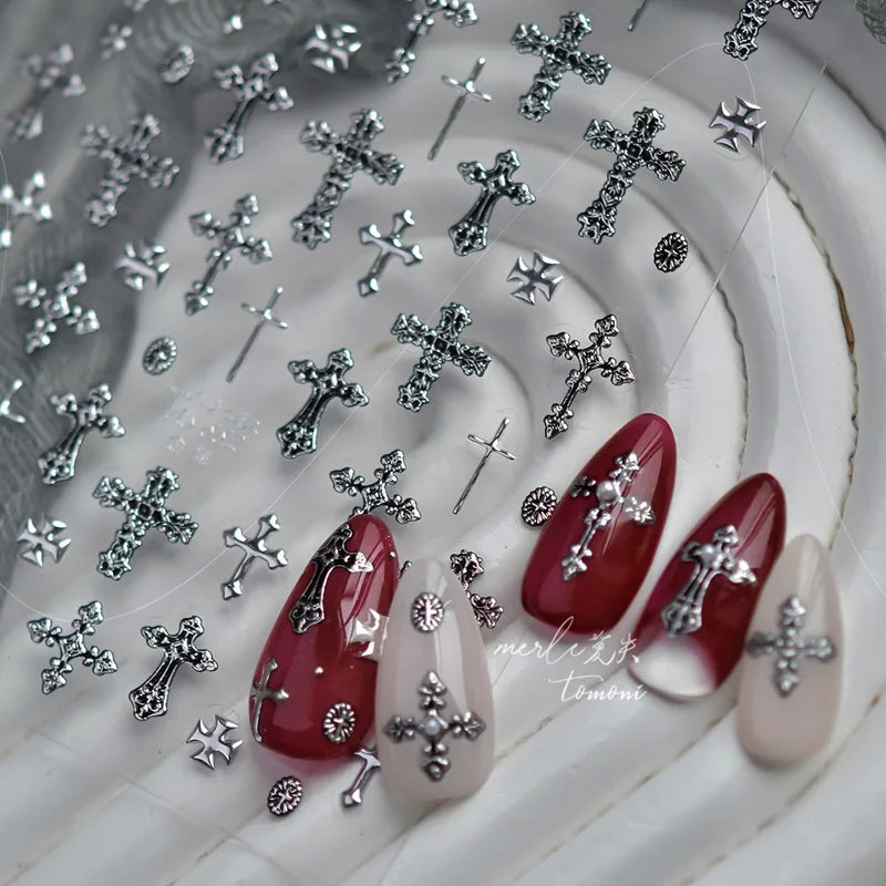 Dark Retro Metallic Nail Stickers - Cross Design Self-Adhesive Nail Art Decorations