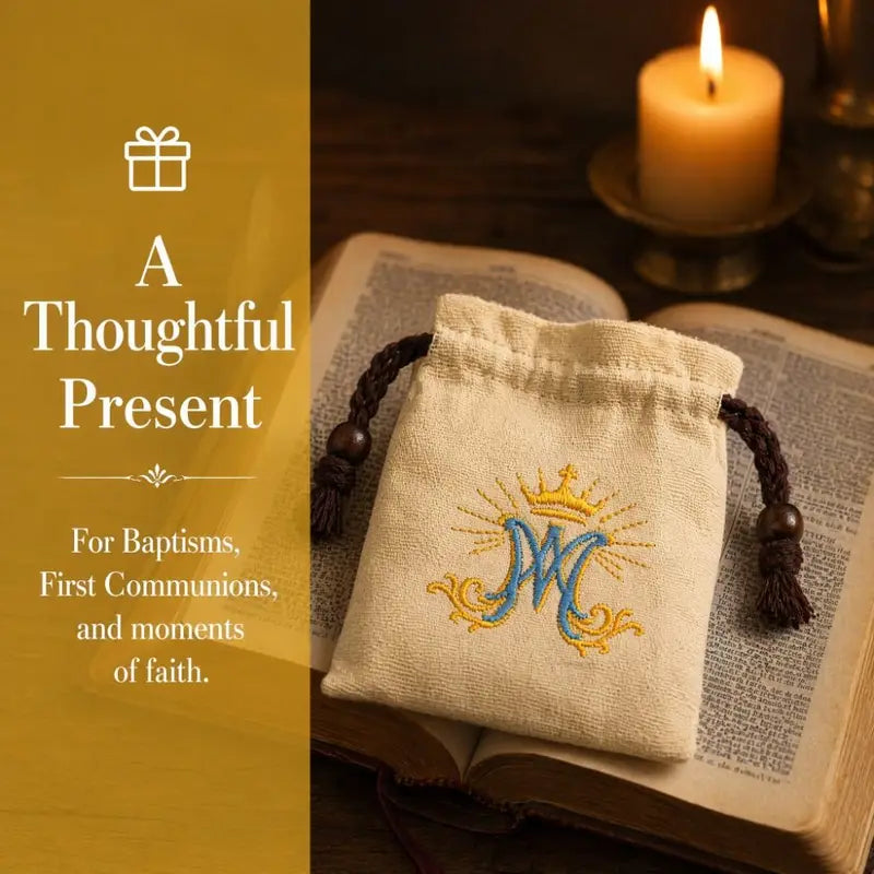 Catholic Rosary Drawstring Pouch - Cotton Canvas Reusable Embroidered Holder