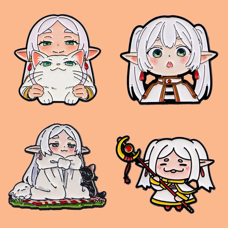 Cute White Haired Elf Enamel Pin Set - Cartoon Girls Brooches for Backpack or Clothing