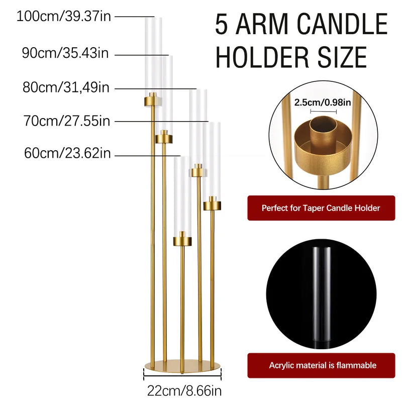 Gold 5-Arm Floor Candle Holders Set with Acrylic Shades for Weddings & Events