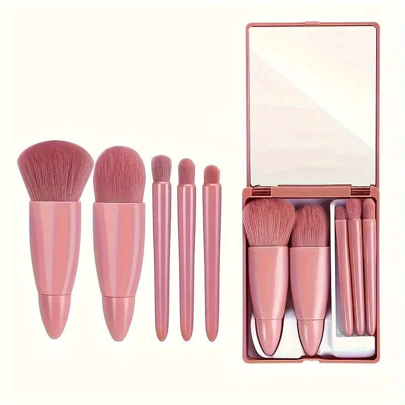 5-Piece Makeup Brush Set with Mirror and Travel Case - Includes Blush, Eyeshadow, Loose Brushes