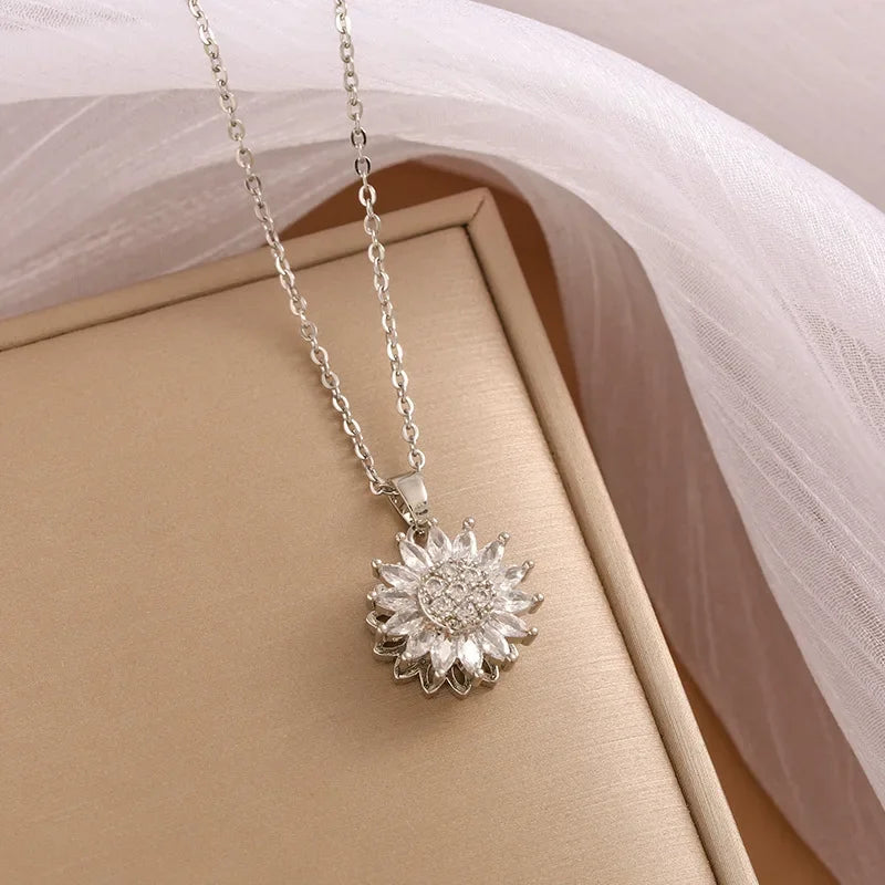 Double-Layer Rotatable Sunflower Necklace for Women Girl Jewelry Choker