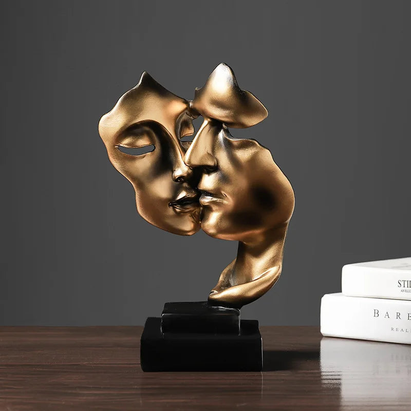 Modern Resin Mask Sculpture - Double Sided Face Statue for Home & Office Decor, Gold & Black, 27cm
