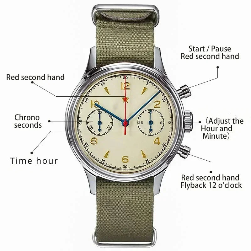 Men's Vintage Pilot Automatic Watch 42mm Waterproof Retro Chronograph
