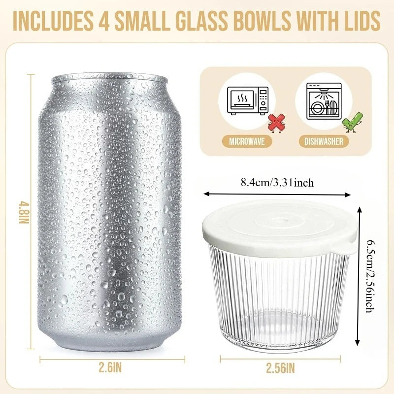 Set of 4 Small Glass Food Storage Bowls with Lids - Stackable Clear Stripe Design