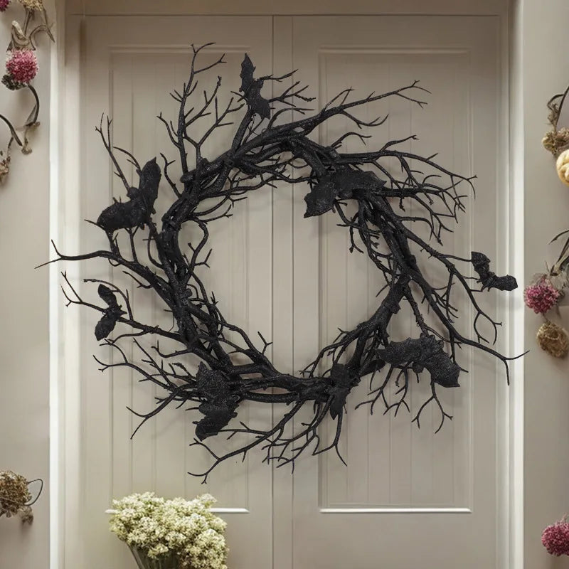 Halloween Artificial Wreath with Bat Design and LED Lights for Front Door Decor