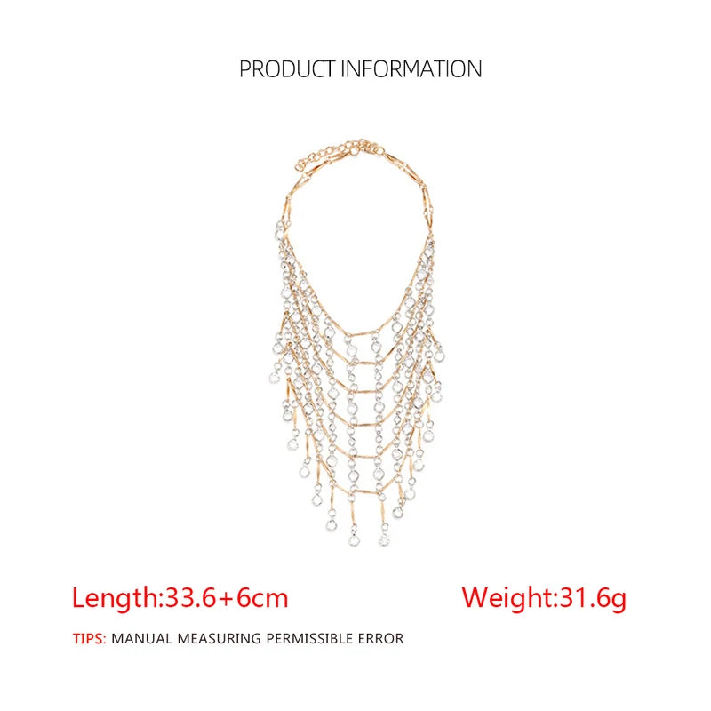 Multilayer Gold Waterfall Crystal Tassel Necklace for Women Bohemian Beach Wedding Party Jewelry Gift