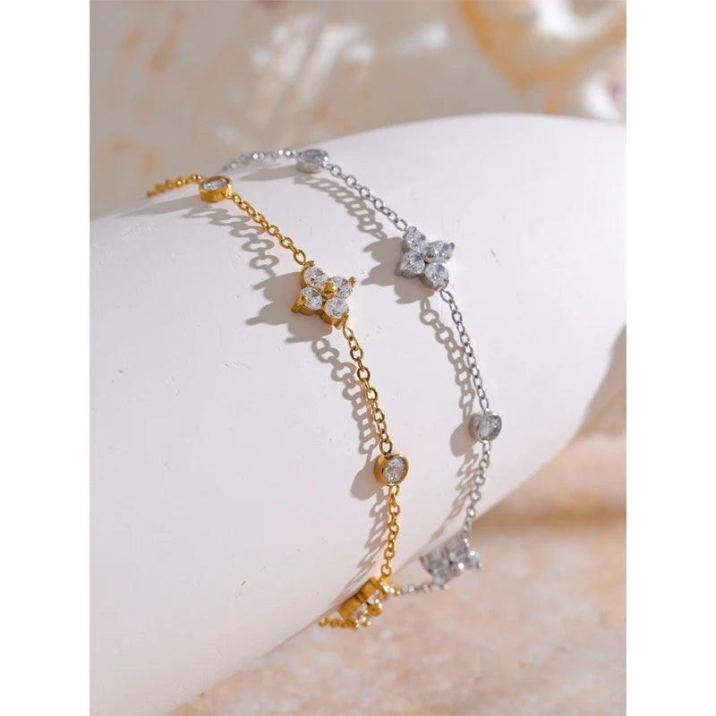 Delicate Cubic Zirconia Flower Chain Bracelet Thin Bangle Stainless Steel Jewelry