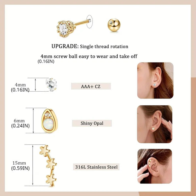Stainless Steel Cartilage Earrings Set - Helix Hoop Studs with Opal & Shiny CZ