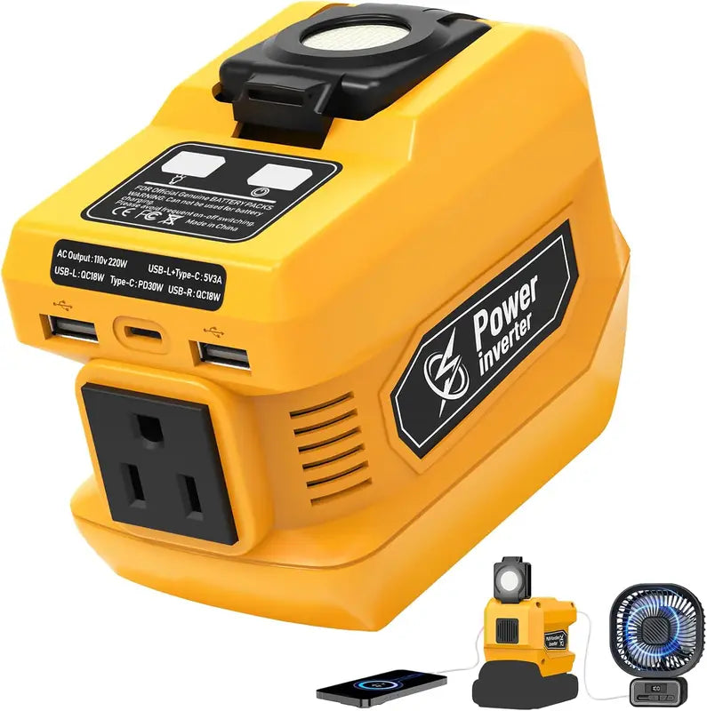Portable Power Inverter 220W for DeWalt 20V Batteries, AC & USB Outlets, LED Light for Camping & Emergency