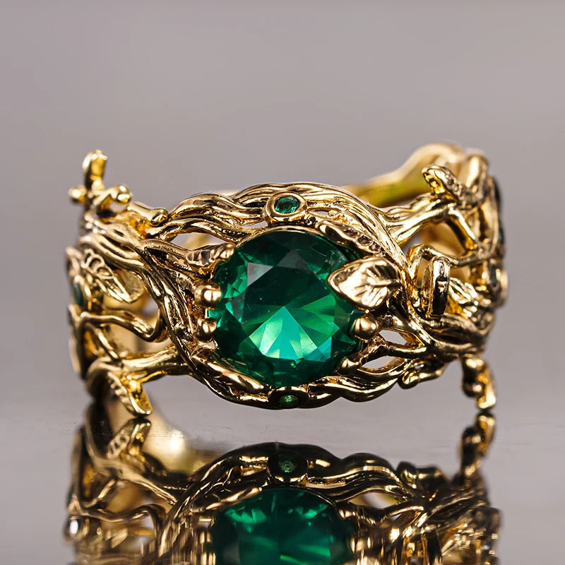 Elegant Leaf Design Gold Color Rings with Green Cubic Zirconia for Women