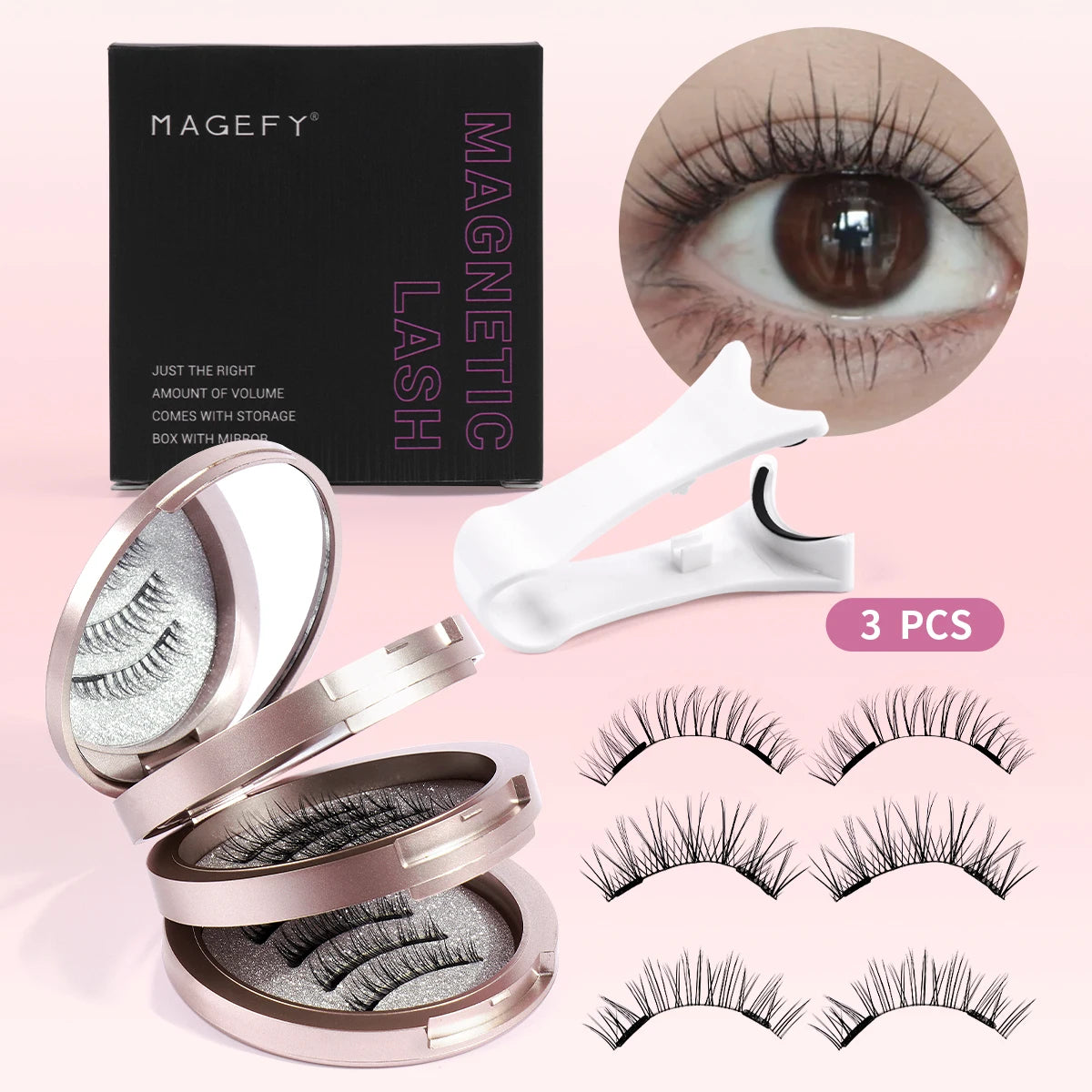 Magnetic Eyelashes Set 3 Pairs Reusable False Lashes with Applicator Natural Look
